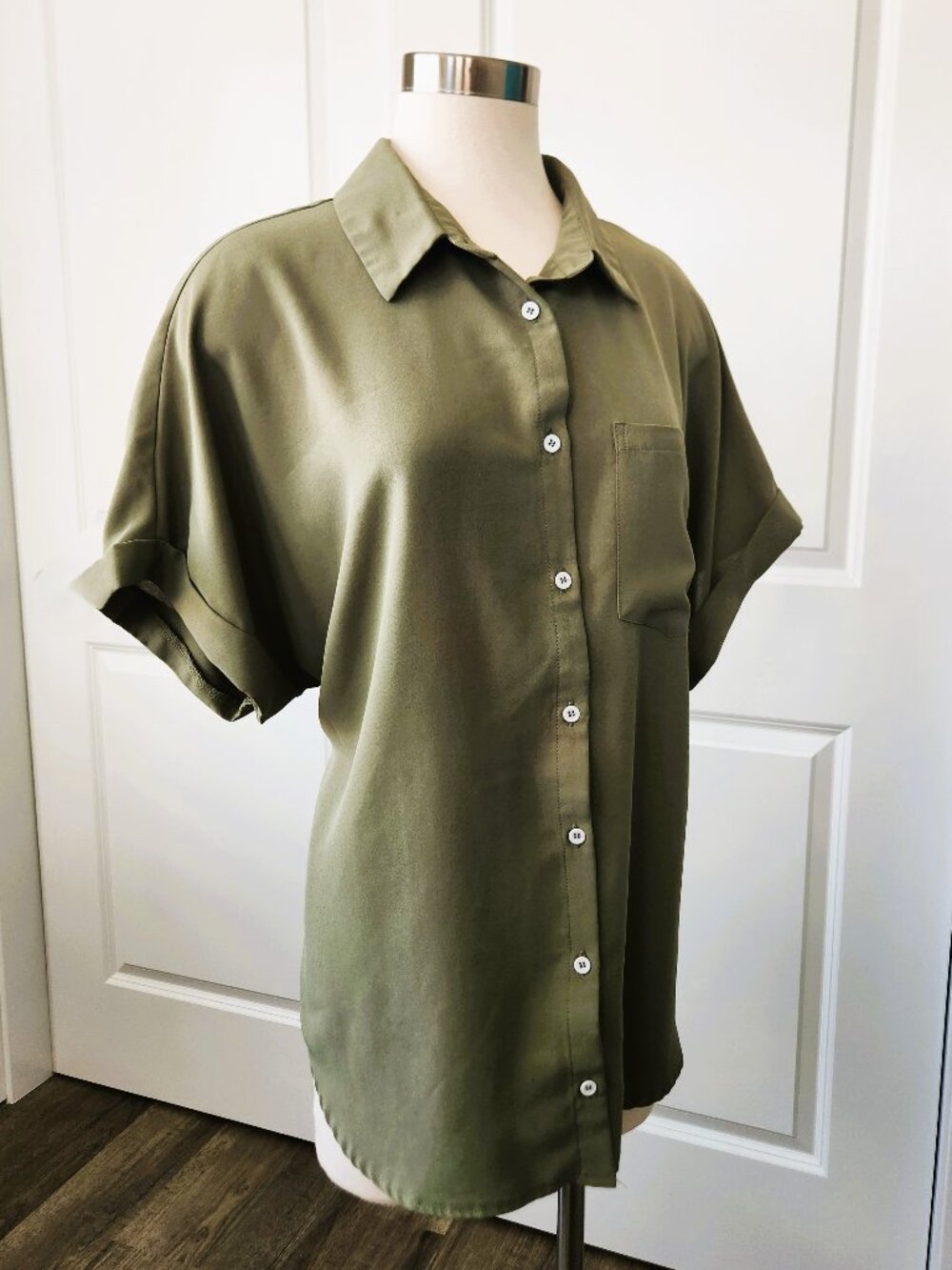 Button-Up Short Sleeved Shirt Women's 2XL Army Green